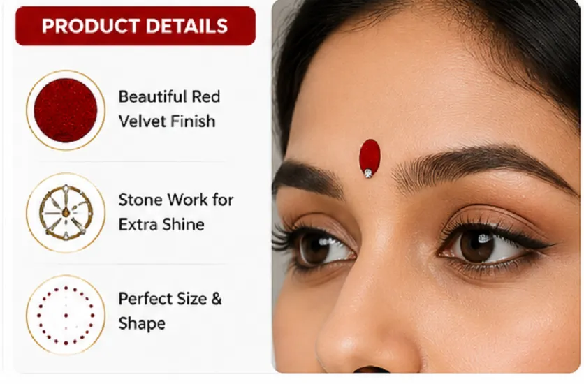 Traditional Red Bindi | Premium Velvet Round Bridal Bindi with Stone | Pack of 5 (10 Pieces Each, Total 50 Bindis) - Image 5
