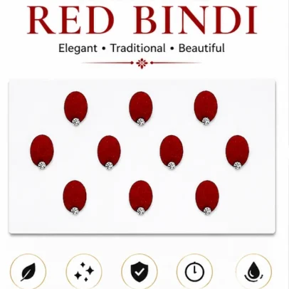 Traditional red velvet round bindi with decorative stone, skin-friendly adhesive, sweat-resistant, and long-lasting for women, bridal wear, festivals, and daily use.