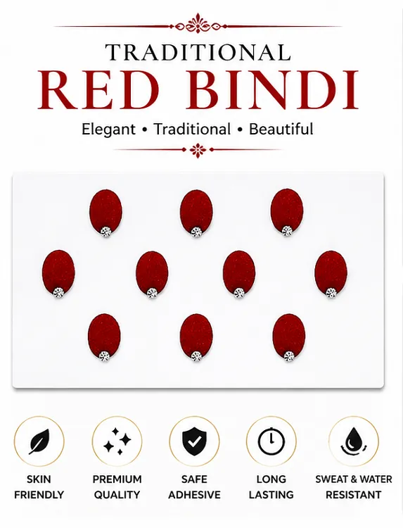 Traditional Red Bindi | Premium Velvet Round Bridal Bindi with Stone | Pack of 5 (10 Pieces Each, Total 50 Bindis) - Image 6