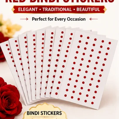 Traditional red round bindi stickers with strong self-adhesive backing, skin-friendly, easy to apply, and long-lasting. Pack of 12 sheets for women and girls.
