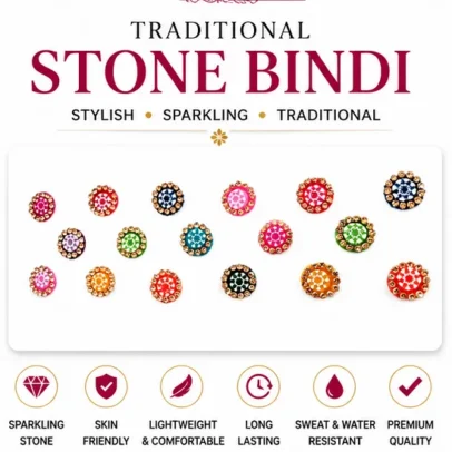 Traditional multicolour round stone bindi with premium sparkling stones, skin-friendly adhesive, lightweight, sweat-resistant, and long-lasting for women and girls.