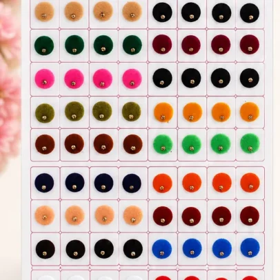Traditional multi colour velvet round bindi stickers with decorative stone, self-adhesive, skin-friendly, long-lasting, sweat-resistant, 108 bindis in 9 colours.