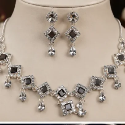 Silver Plated Black Stone Necklace Set with Matching Earrings for Women