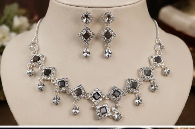 Silver Plated Black Stone Necklace Set for Women | Party Wear Jewellery Set with Earrings - Image 4