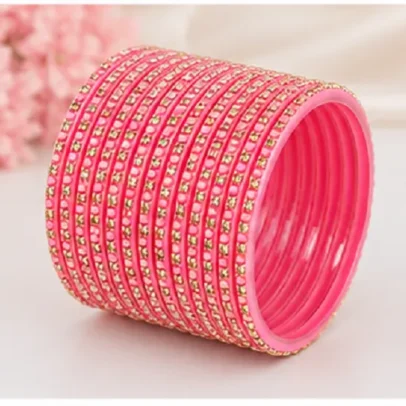 Pink 24 PCS stone studded plastic bangles set for women and girls, stylish traditional Indian chudi set for weddings, festivals and ethnic wear.