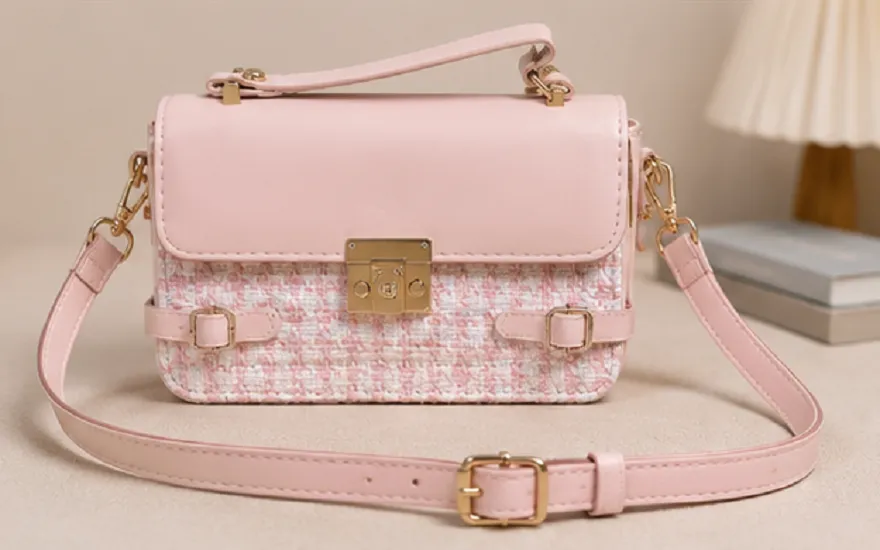 Women's Blush Pink Tweed Sling Bag | Premium Designer Crossbody Handbag - Image 3