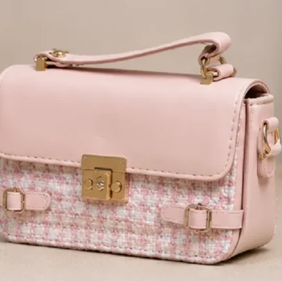 Women's Blush Pink Tweed Top Handle Sling Bag with Gold Lock Closure