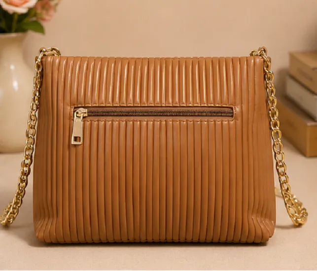 Women's Brown Pleated Chain Tote Bag | Premium Shoulder Handbag - Image 2