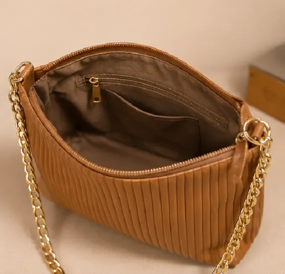 Women's Brown Pleated Chain Tote Bag | Premium Shoulder Handbag - Image 3