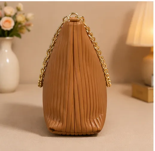 Women's Brown Pleated Chain Tote Bag | Premium Shoulder Handbag - Image 4