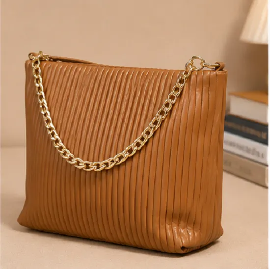 Women's Brown Pleated Chain Tote Bag | Premium Shoulder Handbag - Image 6