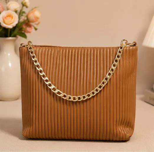 Women's Brown Pleated Chain Tote Bag | Premium Shoulder Handbag - Image 7
