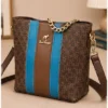 Women's Brown Printed Chain Tote Bag with Blue Stripe and Gold Chain Handle