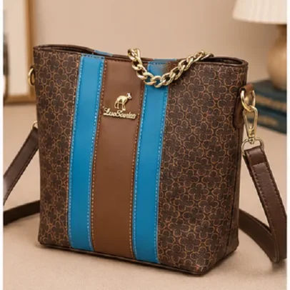 Women's Brown Printed Chain Tote Bag with Blue Stripe and Gold Chain Handle
