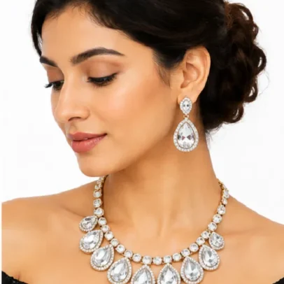Elegant American Diamond Teardrop Necklace Set featuring brilliant crystal stones,.,