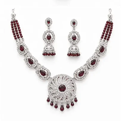 Fashion Women's Antique Silver Ruby Stone Choker Necklace Set with Matching Jhumka Earrings