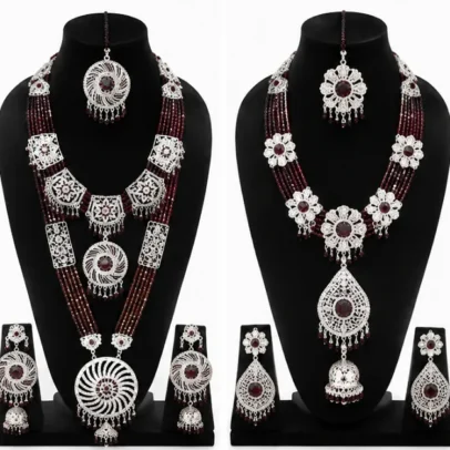 Elegant Antique Silver Choker Necklace Set featuring ruby red stones,.,