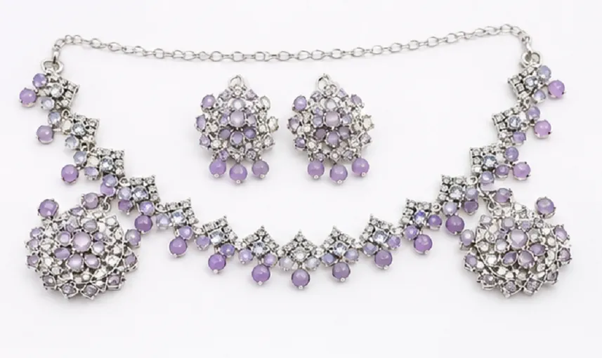 Women's Lavender Stone Necklace Set | Premium American Diamond Jewellery Set with Earrings & Pendant - Image 5