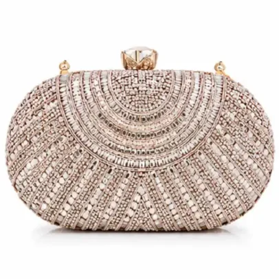 Fashion Women's Rose Gold Crystal Evening Clutch Bag with Crystal Clasp Closure