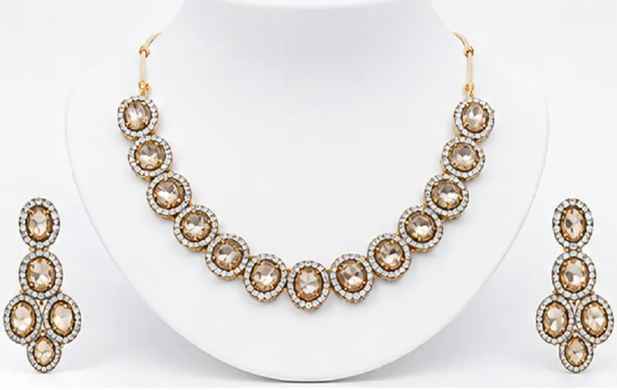 Gold Plated Champagne Crystal Necklace Set for Women | Party & Wedding Jewellery - Image 2
