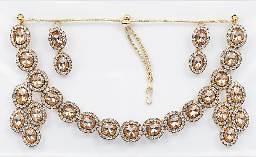 Gold Plated Champagne Crystal Necklace Set for Women | Party & Wedding Jewellery - Image 7