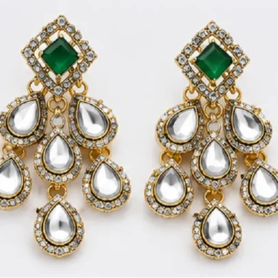 Gold Plated Green Kundan Necklace Set for Women,.