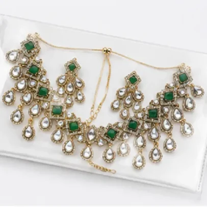 Gold Plated Green Kundan Bridal Necklace Set with Matching Earrings for Women