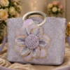 Fashion Women's Lavender Floral Glitter Tote Bag with 3D Flower Applique, Metallic Top Handle, and Shoulder Strap