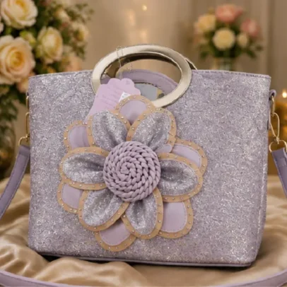 Fashion Women's Lavender Floral Glitter Tote Bag with 3D Flower Applique, Metallic Top Handle, and Shoulder Strap