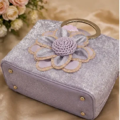 Lavender Floral Glitter Tote Bag with 3D Flower Applique, Metallic Top Handle, and Shoulder Strap,.,