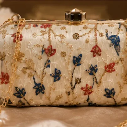 Women's Floral Embroidered Box Clutch with Gold Frame and Detachable Chain Strap