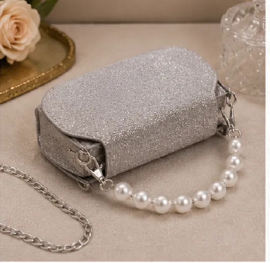Women's Silver Glitter Pearl Handle Party Sling Bag | Premium Evening Clutch Purse - Image 5