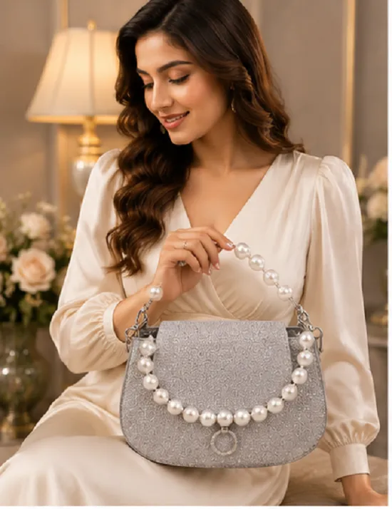 Women's Silver Glitter Pearl Handle Party Sling Bag | Premium Evening Clutch Purse - Image 6