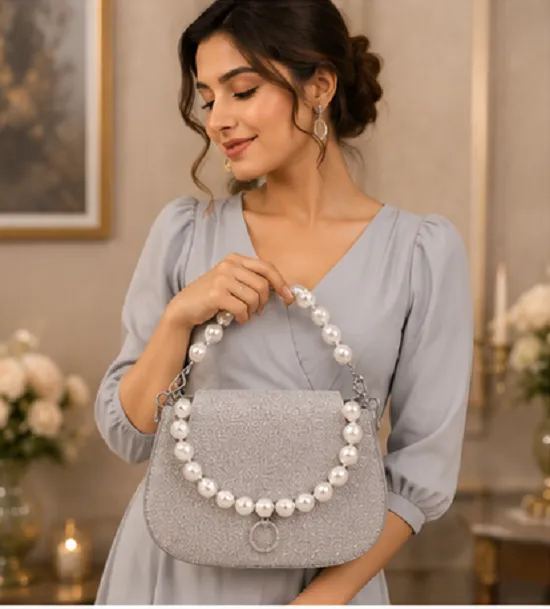 Women's Silver Glitter Pearl Handle Party Sling Bag | Premium Evening Clutch Purse - Image 7