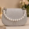Women's Silver Glitter Party Sling Bag with Elegant Pearl Handle and Detachable Chain Strap