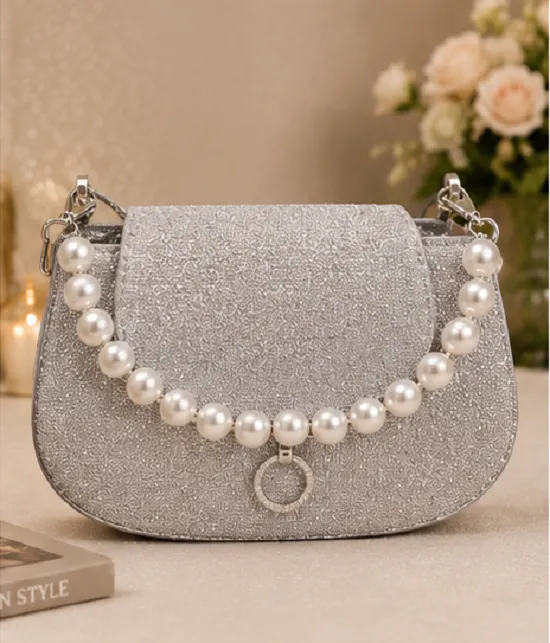 Women's Silver Glitter Party Sling Bag with Elegant Pearl Handle and Detachable Chain Strap