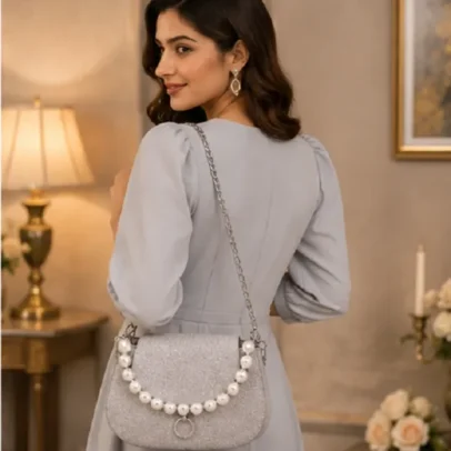 Silver Glitter Pearl Handle Party Bag,.,