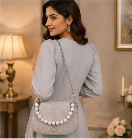 Women's Silver Glitter Pearl Handle Party Sling Bag | Premium Evening Clutch Purse - Image 2