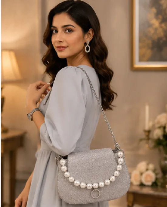 Women's Silver Glitter Pearl Handle Party Sling Bag | Premium Evening Clutch Purse - Image 3