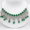 Silver Plated Green Stone Necklace Set with Matching Earrings for Women