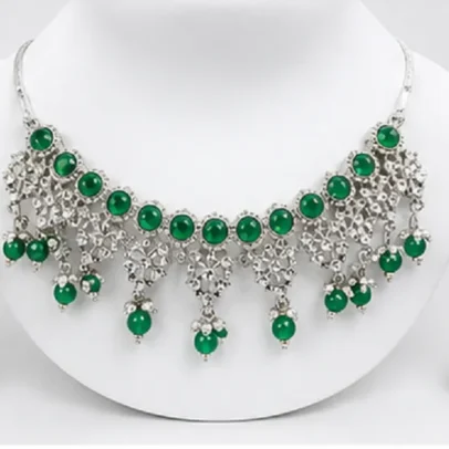 Silver Plated Green Stone Necklace Set with Matching Earrings for Women