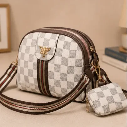 Women's White Checkered Crossbody Sling Bag with Matching Coin Pouch and Adjustable Shoulder Strap