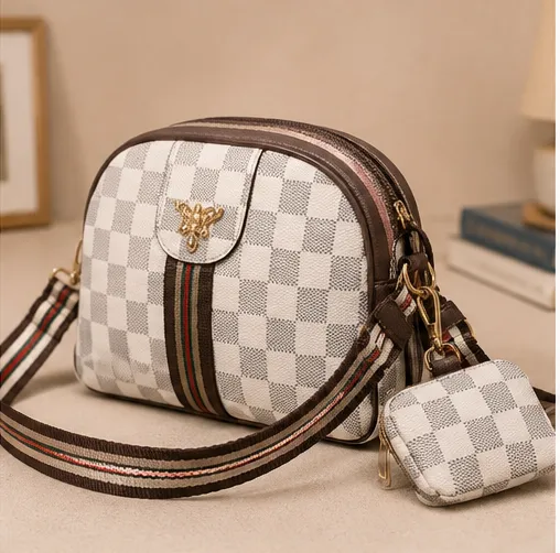 Women's White Checkered Crossbody Sling Bag with Matching Coin Pouch and Adjustable Shoulder Strap