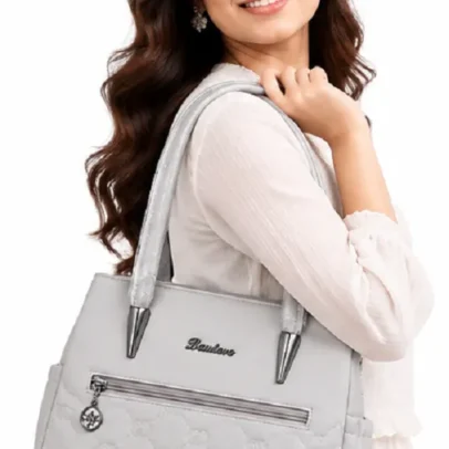 White Quilted Tote Handbag featuring premium synthetic leather, elegant quilted design, spacious compartments, ,.,