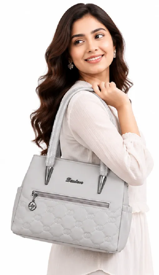 ashion Women's White Quilted Tote Handbag | Premium Designer Shoulder Bag with Zip Pocket - Image 2