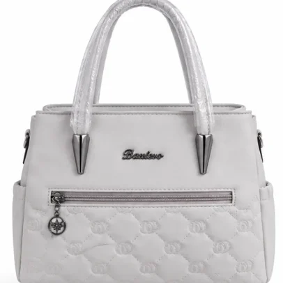 Women's White Quilted Tote Handbag with Front Zip Pocket and Dual Top Handles