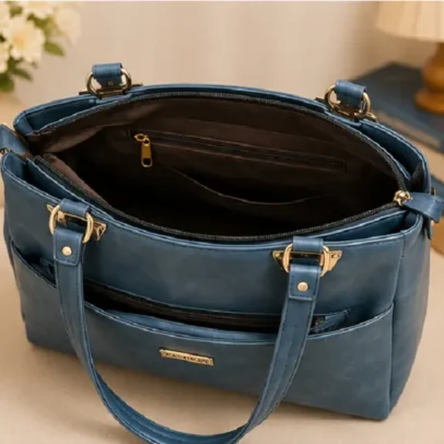 Womens Blue Tote Handbag with Front Pocket and Dual Shoulder Handles,.
