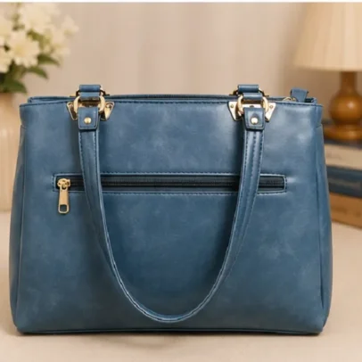 Women's Blue Tote Handbag with Front Pocket and Dual Shoulder Handles