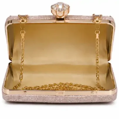 Womens Champagne Glitter Box Clutch with Crystal Clasp Closure,,.,