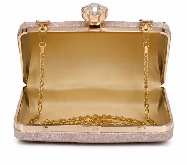 Womens Champagne Glitter Box Clutch | Premium Evening Party & Bridal Clutch Purse - Image 2